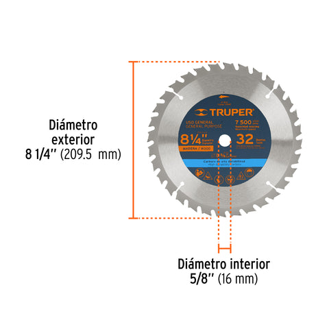 Disco sierra 8-1/4' para madera, 32 dientes centro 5/8' | ST-832 | 12682