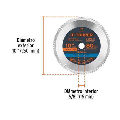 Disco sierra 10' para madera, 80 dientes centro 5/8', Truper | ST-1080 | 12683