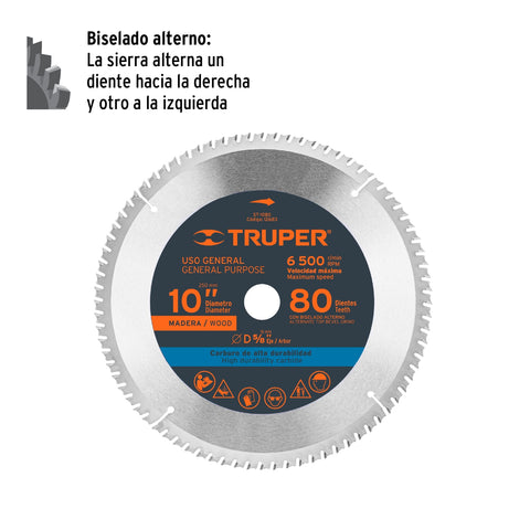 Disco sierra 10' para madera, 80 dientes centro 5/8', Truper | ST-1080 | 12683