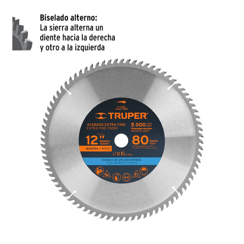 Disco sierra 12' para madera, 80 dientes centro 1', Truper | ST-1280E | 12684