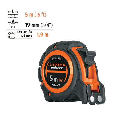 Flexómetro industrial contra impactos 5 m cinta 19 mm | FIN-5M | 12694