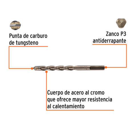Broca para concreto de 3/8 x 5' en blíster, TRUPER | BCT-3/8X5-B | 12758