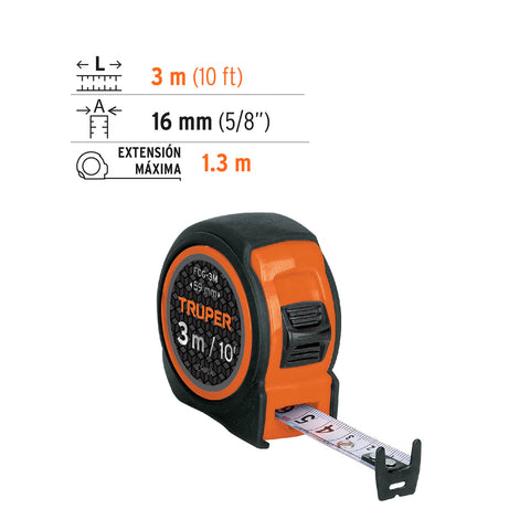 Flexómetro compacto contra impactos 3 m cinta 16 mm, TRUPER | FCG-3M | 12771