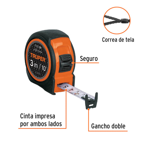 Flexómetro compacto contra impactos 3 m cinta 16 mm, TRUPER | FCG-3M | 12771