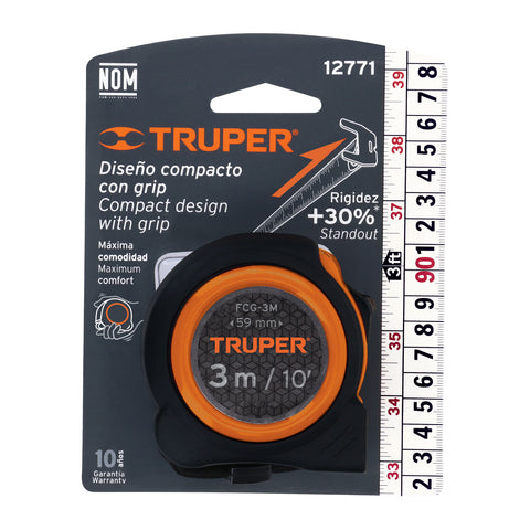 Flexómetro compacto contra impactos 3 m cinta 16 mm, TRUPER | FCG-3M | 12771