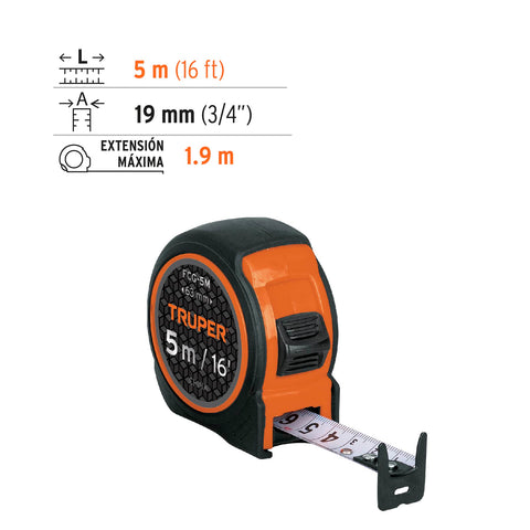 Flexómetro compacto contra impactos 5 m cinta 19 mm, TRUPER | FCG-5M | 12772