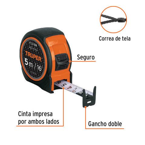 Flexómetro compacto contra impactos 5 m cinta 19 mm, TRUPER | FCG-5M | 12772