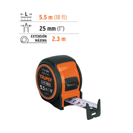 Flexómetro compacto contra impactos 5.5 m cinta 25 mm,TRUPER | FCG-55M | 12773