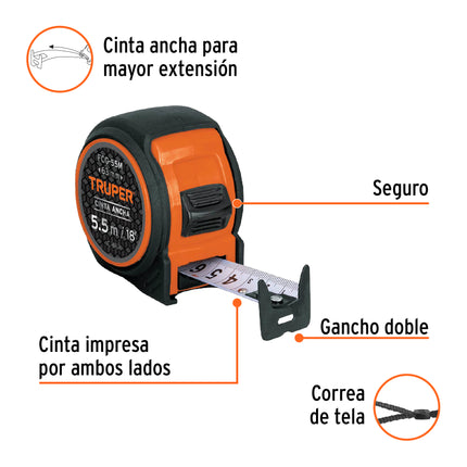 Flexómetro compacto contra impactos 5.5 m cinta 25 mm,TRUPER | FCG-55M | 12773