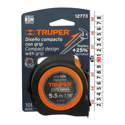 Flexómetro compacto contra impactos 5.5 m cinta 25 mm,TRUPER | FCG-55M | 12773
