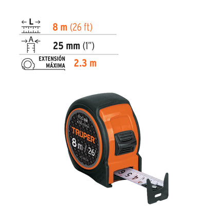 Flexómetro compacto contra impactos 8 m cinta 25 mm, TRUPER | FCG-8M | 12774