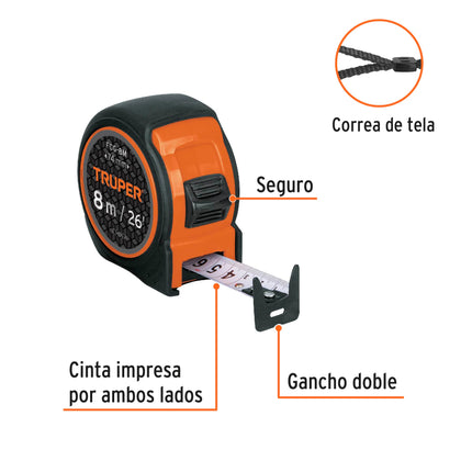 Flexómetro compacto contra impactos 8 m cinta 25 mm, TRUPER | FCG-8M | 12774