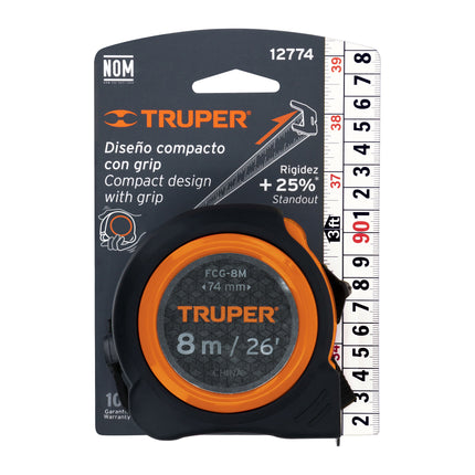 Flexómetro compacto contra impactos 8 m cinta 25 mm, TRUPER | FCG-8M | 12774