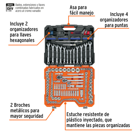 Juego 199 herramientas 1/4', 3/8' y 1/2' std y mm p/mecánico | JD-199MP | 12894