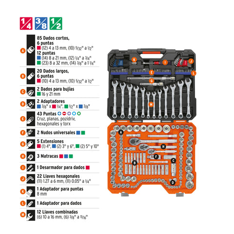 Juego 199 herramientas 1/4', 3/8' y 1/2' std y mm p/mecánico | JD-199MP | 12894