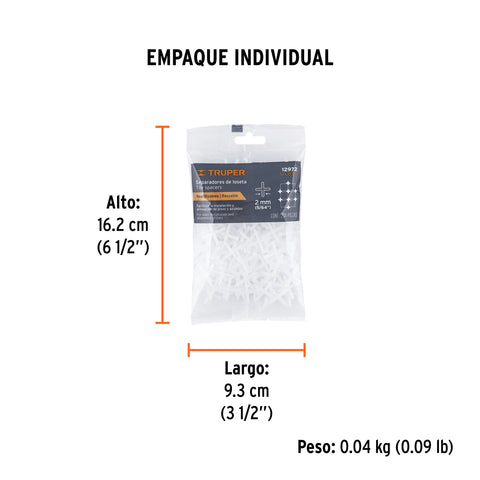 Bolsa con 200 separadores de 2 mm de losetas, TRUPER | SELO-20 | 12972