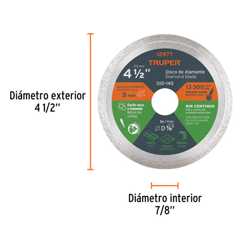 Disco de diamante de 4-1/2' x 1.6 mm, rin continuo, TRUPER | DID-145 | 12977