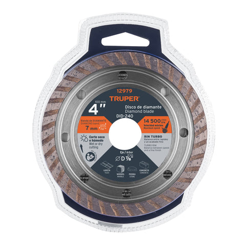 Disco de diamante de 4' x 2.2 mm, rin turbo, TRUPER | DID-240 | 12979