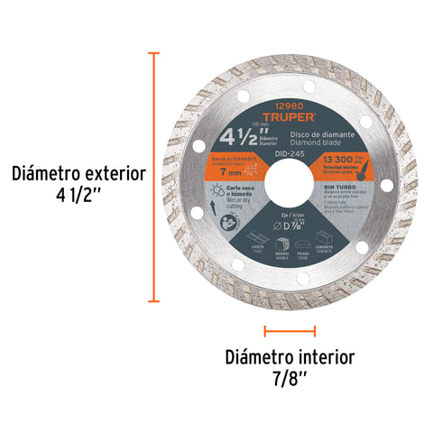Disco de diamante de 4-1/2' x 2.2 mm, rin turbo, TRUPER | DID-245 | 12980