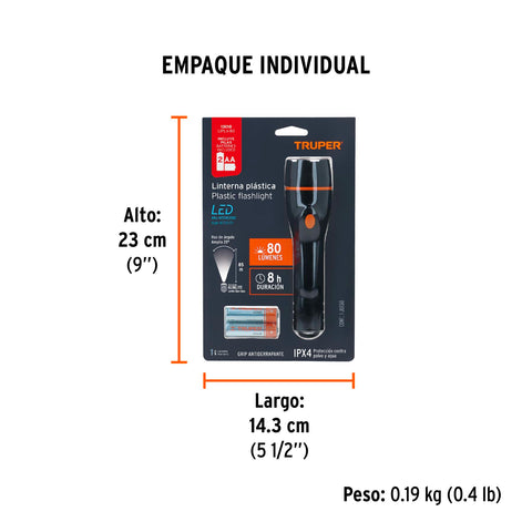 Linterna plástica 1 LED 80 lm con 2 pilas AA, Truper | LIPLA-80 | 13018