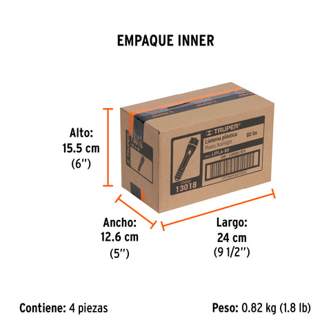 Linterna plástica 1 LED 80 lm con 2 pilas AA, Truper | LIPLA-80 | 13018