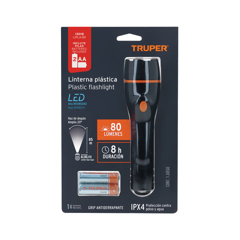Linterna plástica 1 LED 80 lm con 2 pilas AA, Truper | LIPLA-80 | 13018