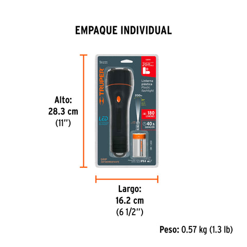 Linterna plástica 1 LED 180 lm con 2 pilas D, Truper | LIPLA-180 | 13019