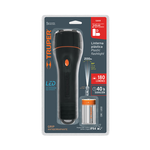 Linterna plástica 1 LED 180 lm con 2 pilas D, Truper | LIPLA-180 | 13019