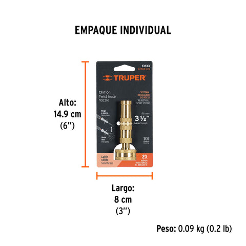 Chiflón 3-1/2' de latón maquinado para manguera, Truper | CHMA-3.5 | 13133