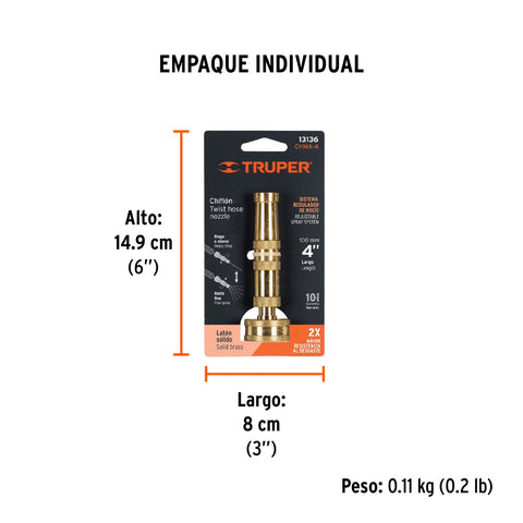 Chiflón 4' de latón maquinado para manguera, Truper | CHMA-4 | 13136