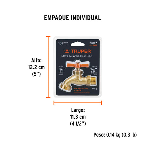 Llave p/manguera, de latón 140g, 1/2', blíster, TRUPER | LLJ-140B | 13147