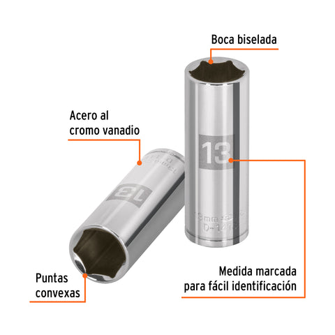 Dado largo de 13 mm, 6 puntas, cuadro 1/4', Truper | D-1413-LM | 13207
