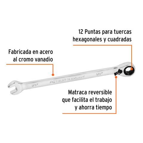 Llave combinada matraca reversible 1/4'x125mm largo, Expert | LL-2008XR | 13227