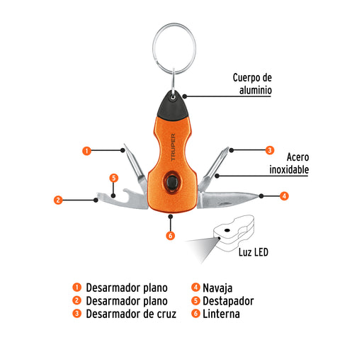 Multiherramienta 6 funciones, con LED, tipo llavero, Truper | NAMU-LL | 13336