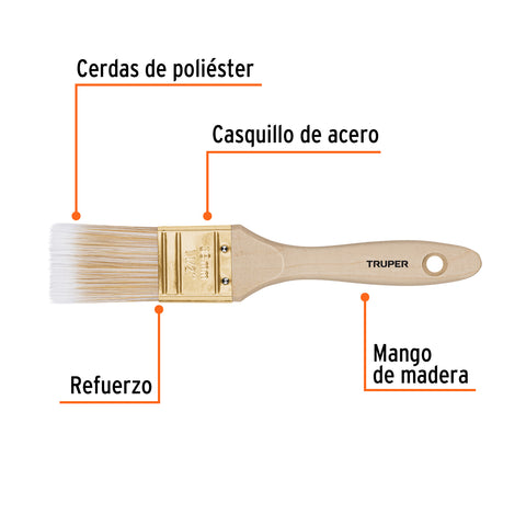 Brocha cerdas sintéticas 1-1/2' corte recto, mango de madera | BRT-1-1/2S | 13343