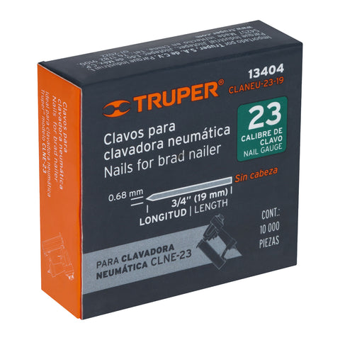 Caja con 10000 clavos calibre 23, 19 mm para CLNE-23, Truper | CLANEU-23-19 | 13404