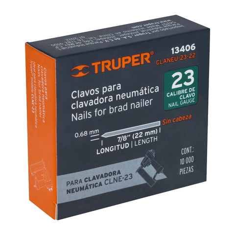 Caja con 10000 clavos calibre 23, 22 mm para CLNE-23, Truper | CLANEU-23-22 | 13406