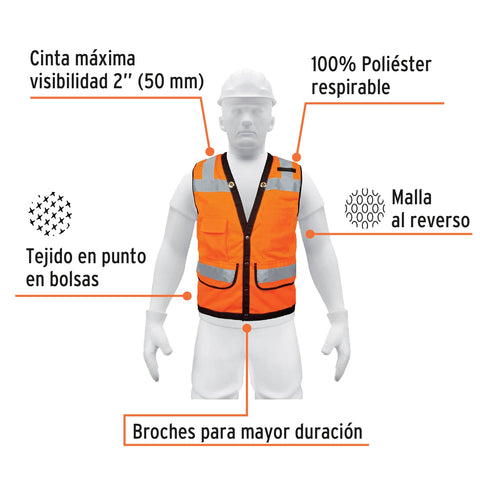 Chaleco seguridad reforzado naranja con bolsas, EG, EXPERT | CHS-800N-XL | 13481