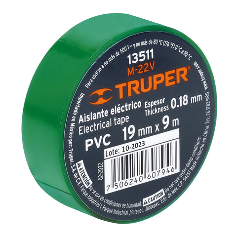 Cinta de aislar de 9 m x 19 mm, verde, Truper | M-22V | 13511