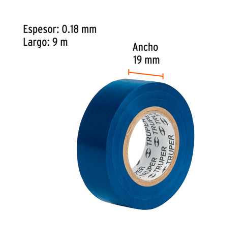 Cinta de aislar de 9 m x 19 mm, azul, Truper | M-22Z | 13514