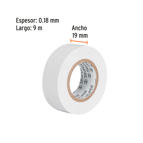 Cinta de aislar de 9 m x 19 mm, blanca, Truper | M-22B | 13515