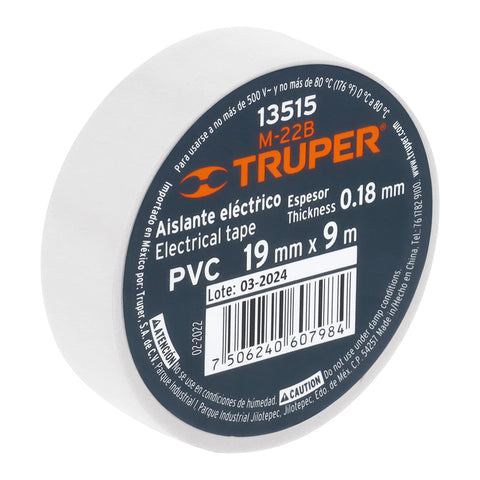 Cinta de aislar de 9 m x 19 mm, blanca, Truper | M-22B | 13515