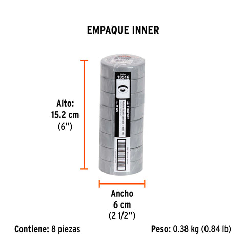 Cinta de aislar de 9 m x 19 mm, gris, Truper | M-22G | 13516