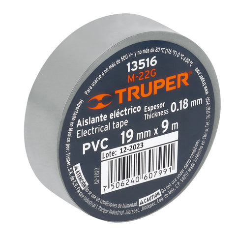 Cinta de aislar de 9 m x 19 mm, gris, Truper | M-22G | 13516