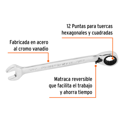 Llave combinada matraca reversible 9/16'x188 mm largo,Expert | LL-2018XR | 13548
