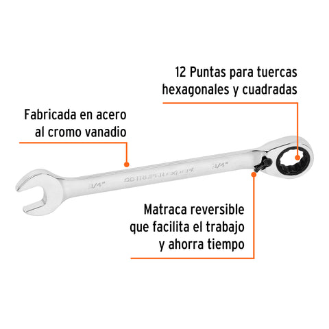 Llave combinada matraca reversible 3/4'x242 mm largo, Expert | LL-2024XR | 13551