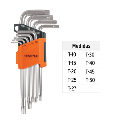 Juego de 9 llaves torx largas con organizador abatible | TORX-9L | 13647