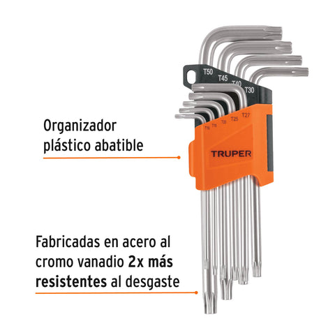 Juego de 9 llaves torx largas con organizador abatible | TORX-9L | 13647
