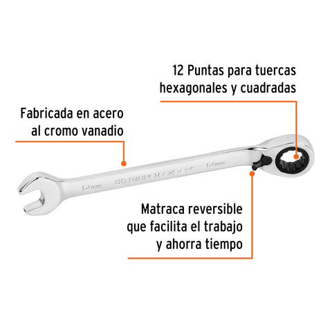 Llave combinada matraca reversible 12mmx168 mm largo, Expert | LL-2012MXR | 13668