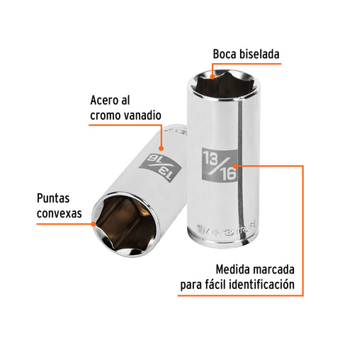 Dado largo de 13/16', 6 puntas, cuadro 3/8', Truper | D-3826-HL | 13719